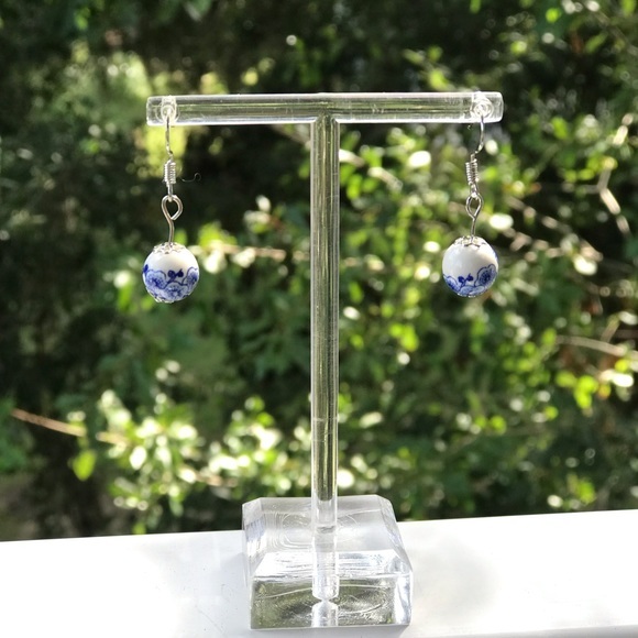 Chinoiserie Porcelain Dangle Earrings Pink+Green / Blue + White Grandmillennial - Picture 10 of 15